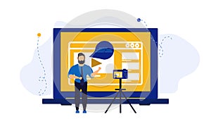 Video vloger business vector illustration concept. Web vlog design social media broadcast advertising creator. Online stream