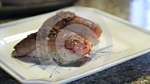 Video Wagyu beef slice seared, aburi guy sushi nigiri. Japanese food