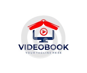 Videobook, book like a roof and computer monitor, logo design. Online education, video training and video lessons, vector design