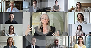 Videocall event of diverse businesspeople, multiple videos collage webcam view