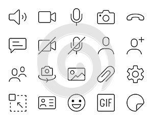 Videocall line icon. Minimal vector illustration, simple outline icons - chat, message, microphone, turn camera photo