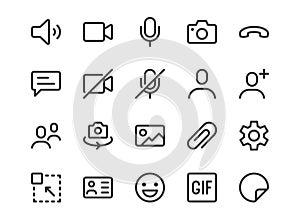 Videocall line icon. Minimal vector illustration, simple outline icons - chat, message, microphone, turn camera photo