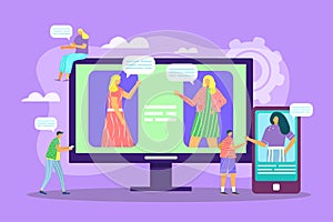 Videochat concept, video communication via internet with friends during corona virus flat vector illustration. Covid19