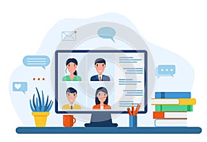 Videoconference online call on the computer. vector illustration in flat style