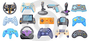 Videogame cartoon controllers. Console game joystick and gamer controller, gaming leisure remote control or wireless