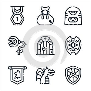 videogame elements line icons. linear set. quality vector line set such as shield, dragon, banner, shield, door, enemy, enemy,