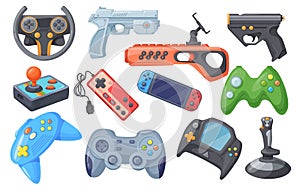 Videogame joypads. Game controller or joystick for remote control consoles arcade videogames, hipster gaming object