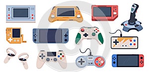 Videogame joysticks. Retro game consoles and wireless gamepads, playing controllers, electronic digital devices