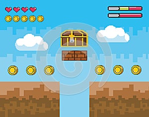 Videogame scene with pixelated coffer with coins and life bar