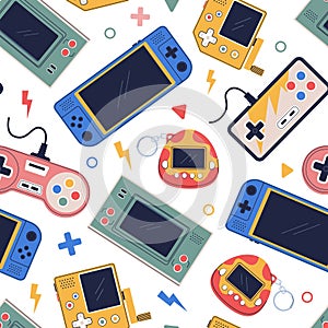 Videogame seamless pattern. Retro game controllers, modern gamepads, vintage joysticks and electronic tamagotchi