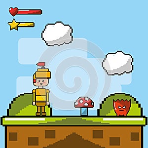 Videogame with soldier and coins with character enemies