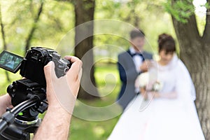The videographer shootes the marrieds in the garden in the summer