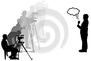 Videographers are filming a journalist. Press, mass media. Silhouette vector illustration