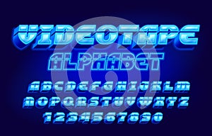 Videotape alphabet font. 3D neon letters, numbers and symbols in 80s style.