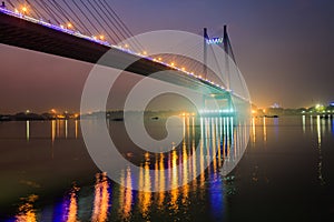 Vidyasagar setu bridge on river Hooghly at twilight.