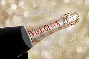 viel glueck (good luck german) on champagne bottle