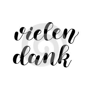 Vielen dank. Thanks a lot in German. Hand drawn lettering isolated on white background.