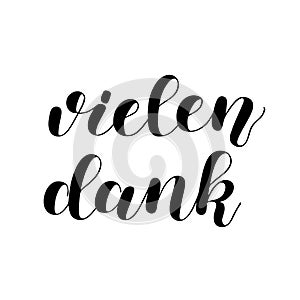 Vielen dank. Thanks a lot in German. Hand drawn lettering isolated on white background. photo