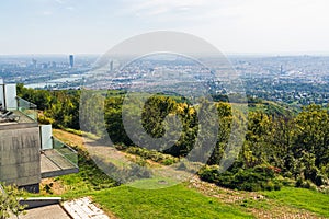 Vienna Aerial View in Summer end / beginning of Autumn/Fall. Vineyards visible in the foreground