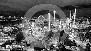 Vienna, Austria - August 20, 2022: Night aerial view of Prater park