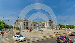 Vienna, Austria - 11 August, 2015: Beautiful facade and frontal view of parliament building with spectacular