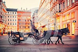 Vienna, Austria. Horse and carriage ridding on the streets of Vienna in the evening.