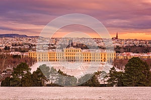 Vienna, Austria - Januar 03, 2019: Schonbrunn Palace in winter, beautiful color sunrise