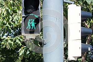 VIENNA, AUSTRIA - JULY 29, 2016: A close-up view of a green traffic light with an image of walking couple