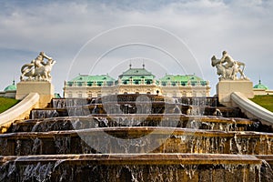 Vienna, Austria - July 5, 2018: Fountain in the gardens of Belvedere Baroque style palace in Vienna, Austria