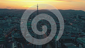 Vienna, Austria - June, 2019: City skyline aerial shot. Cathedrals and cityscape. Significant tourist sites from above