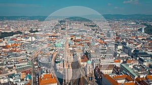 Vienna, Austria - June, 2019: City skyline aerial shot. Cathedrals and cityscape. Significant tourist sites from above