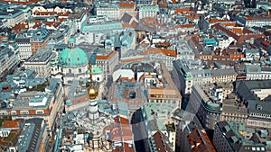 Vienna, Austria - June, 2019: City skyline aerial shot. Cathedrals and cityscape. Significant tourist sites from above