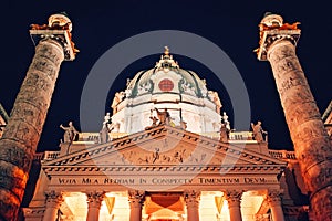 Vienna, Austria. Karlskirche Dome at night. St. Charles church.