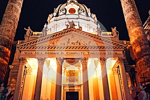 Vienna, Austria. Karlskirche Dome at night. St. Charles church.