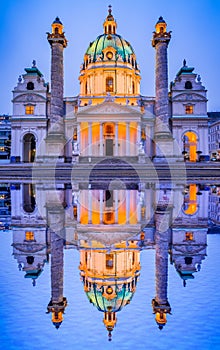 Vienna, Austria - Karlsplatz nightview with Karlskirche