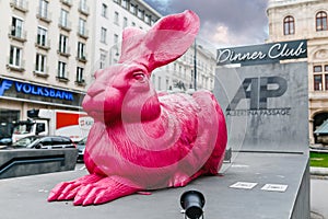 Pink rabbit sculpture near Opera in Vienna. Made by the German concept artist Ottmar Horl