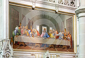 Vienna, Austria - October 2021: Mosaic `Last supper` in church of Minorites Minoritenkirche