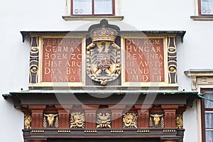 Swiss Gate entrance or Schweizertor in Hofburg Imperial Palace, Innere Stadt, detail display titles of Ferdinand I