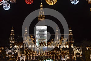 Vienna, Austria, 27th of December 2019: Vienna Christmas market at Rathaus, during the night