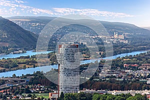 Vienna city panorama, view on the Danube banks, Austria