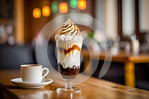 Vienna coffee with whipped cream and chocolate in elegant glass and cup of espresso on wooden table