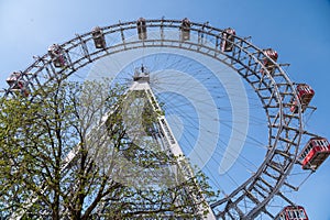 The Vienna Giant Ferris Wheel or Wiener Riesenrad, located at the entrance to the Prater amusement park in Vienna, Austria.
