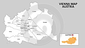 Vienna Map. State and district map of Vienna. Administrative map of Vienna with district and capital in white color