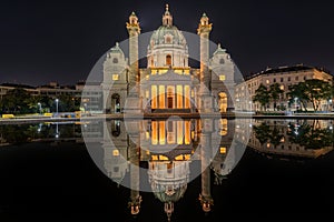 Vienna at night. St. Charles`s Church. Karlskirche. Karlsplatz. Vienna, Austria photo