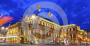 Vienna opera house landmark with long exposure photography during the night with light trail