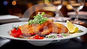 Vienna schnitzel with a side dish at a restaurant, traditional Austrian cuisine, Generated AI