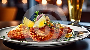 Vienna schnitzel with a side dish at a restaurant, traditional Austrian cuisine, Generated AI