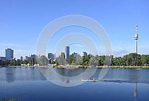 Vienna skyline on the Danube river in the morning