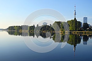 Vienna skyline on the Danube river in the morning