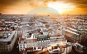 Vienna sunset city skyline as seen from the top of St. Stephan d